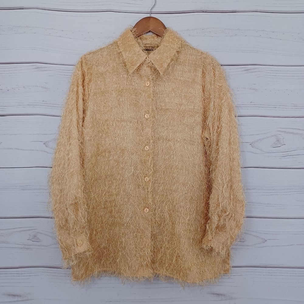 CDW Creative Design Works Golden Tan Shaggy Side Slit Button Front Blouse Top